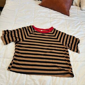 Women's Black and Tan Striped Crop Top with Red Collar